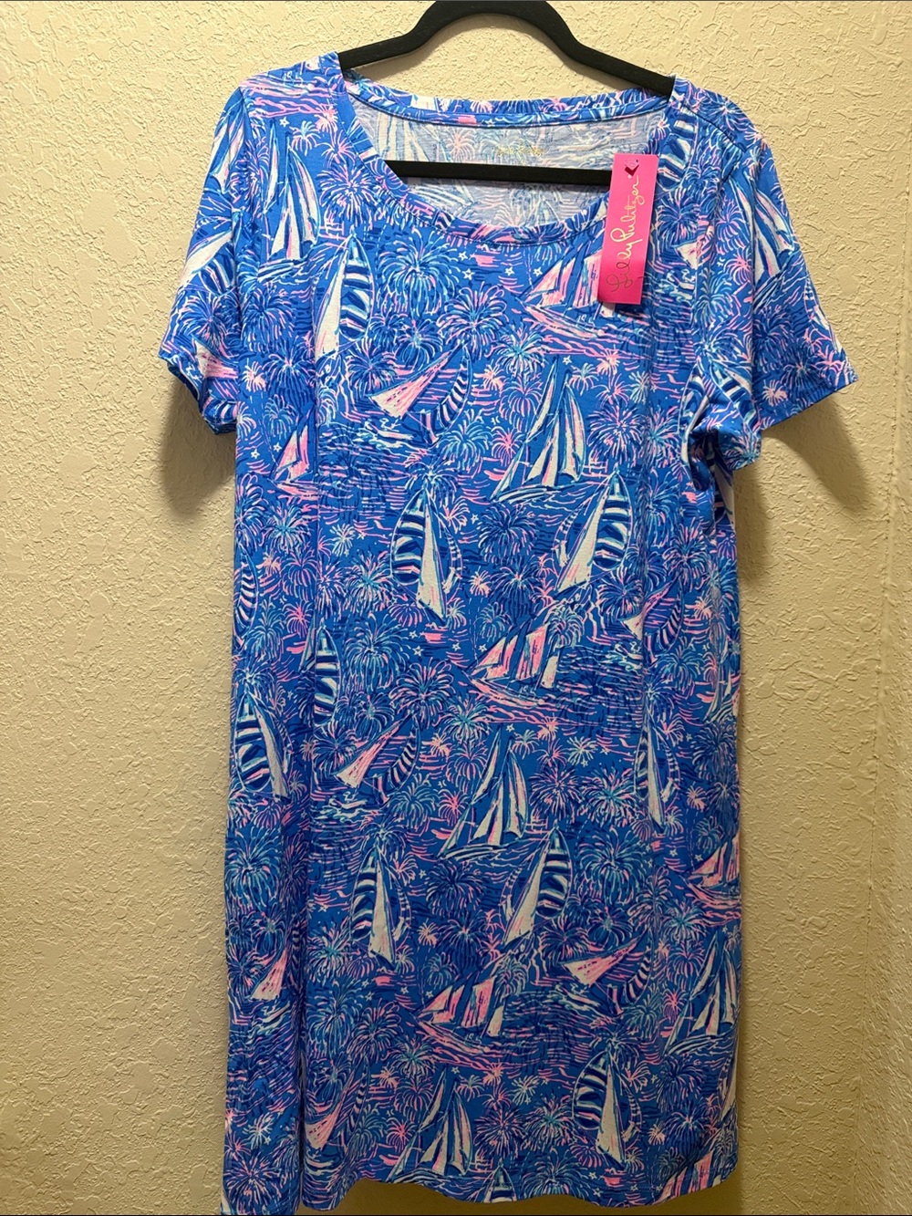 NWT Lilly Pulitzer Navy Blue Sailboat & Pink Fireworks Shift Dress